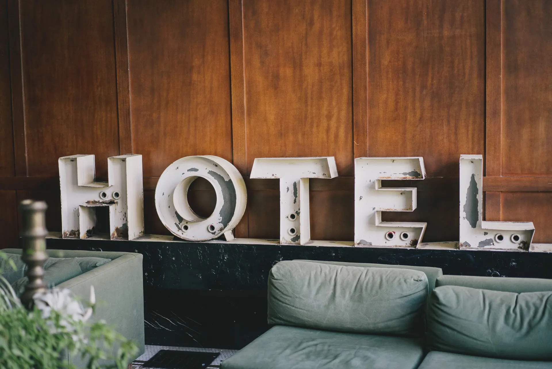 Hotel lounge with a HOTEL sign