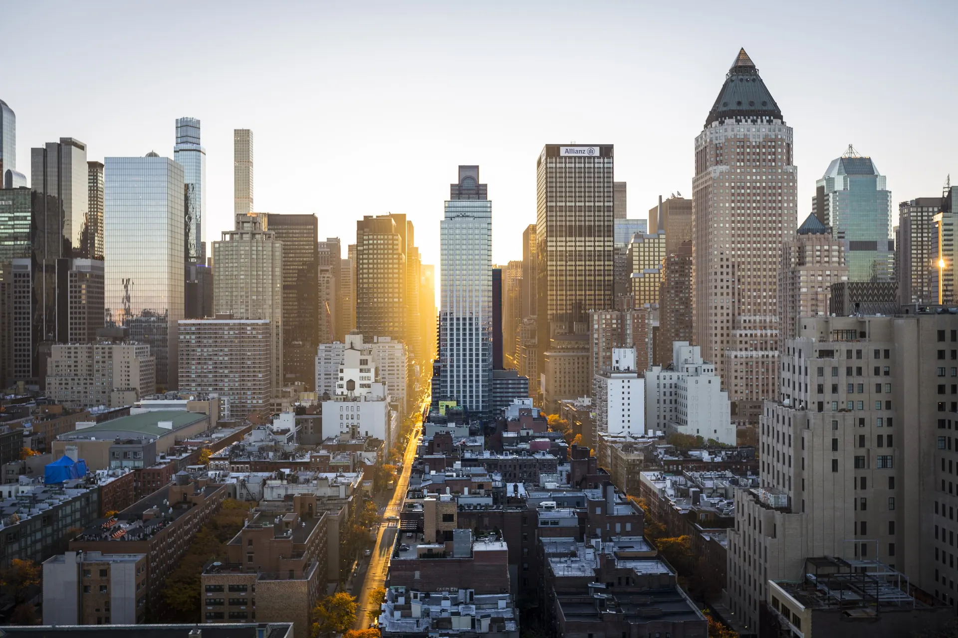 City skyline at sunrise